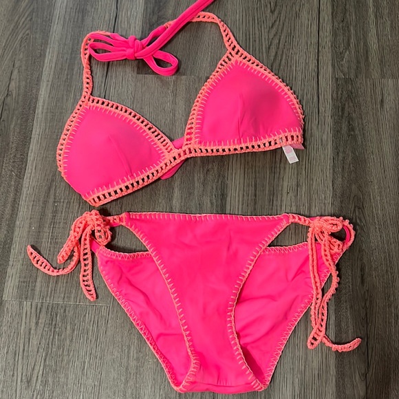 Victoria's Secret Other - Victoria’s Secret Hot Pink Bikini with Crochet trim.